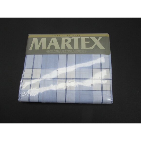 VTG Martex Twin Flat‎ Sheet No Iron Percale 180 Blue Plaid Harvard Square New - Picture 1 of 4